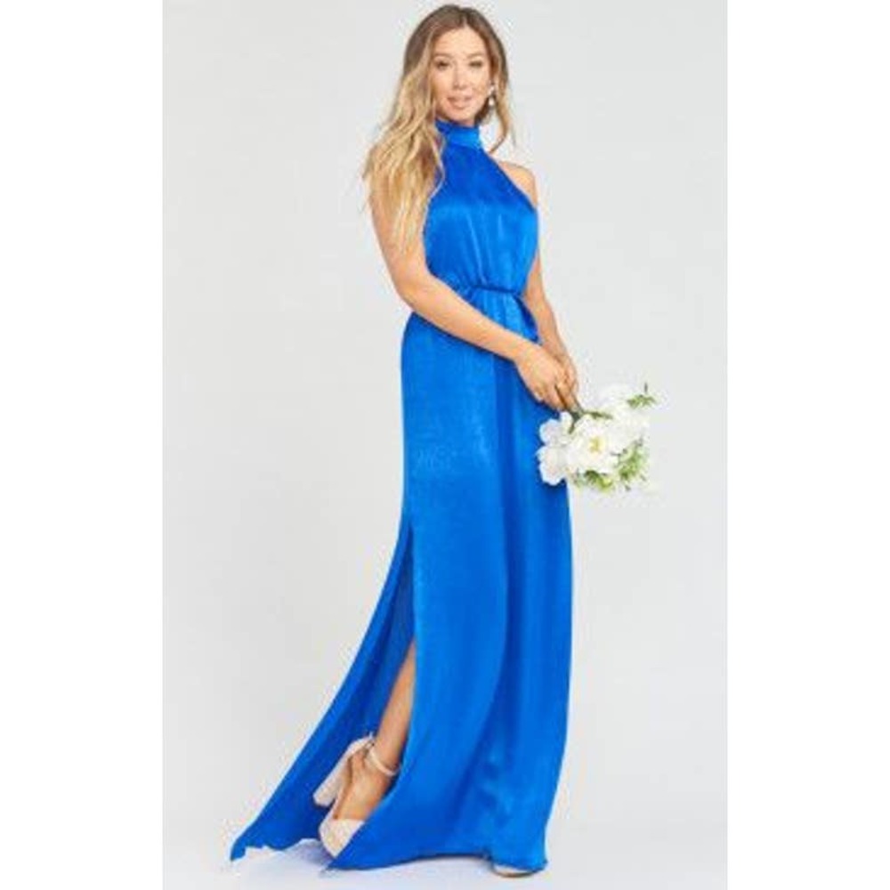 Show Me Your MuMu Collette Halter Maxi Dress in Royal Blue Sheen Size XXS  NWT